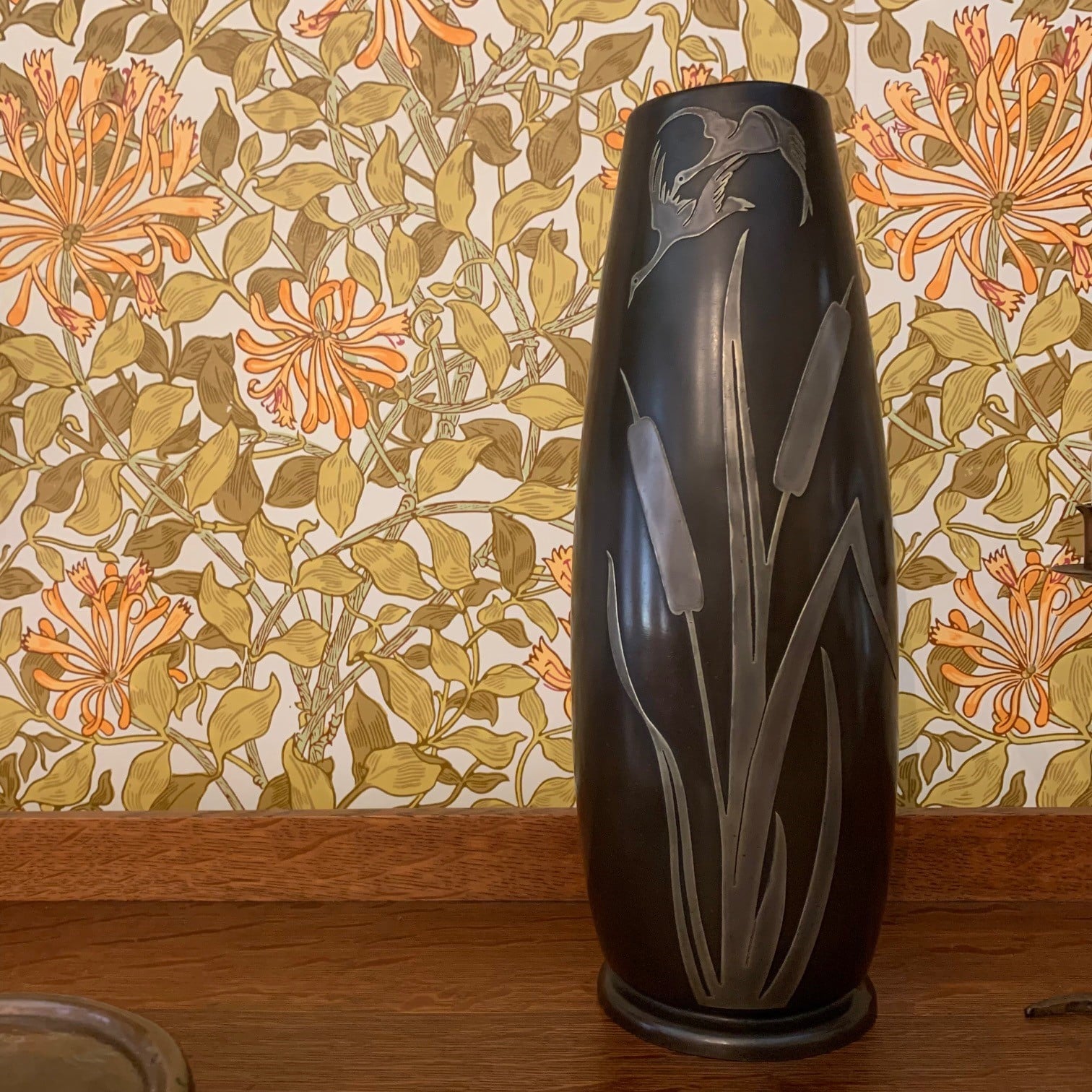 HH William Morris wallpaper and vase at Madison-Morgan Cultural Center