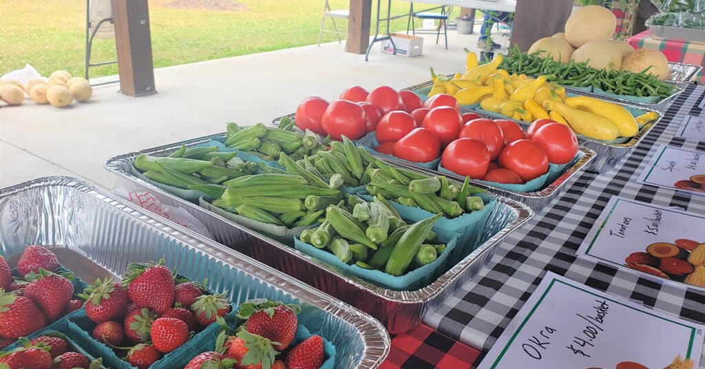 Assortment of fruits and vegetables at a farmer's market.