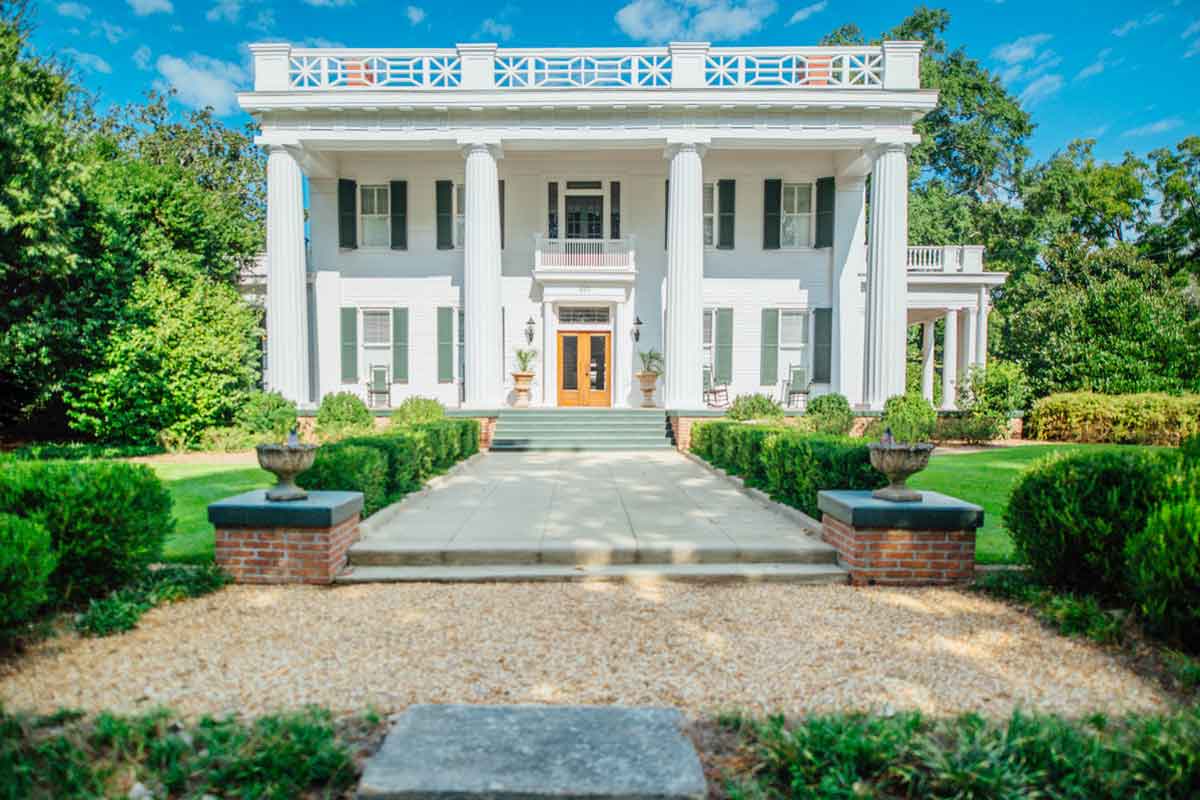 Front view of the Joshua Hill House, a prime example of Neoclassical architecture