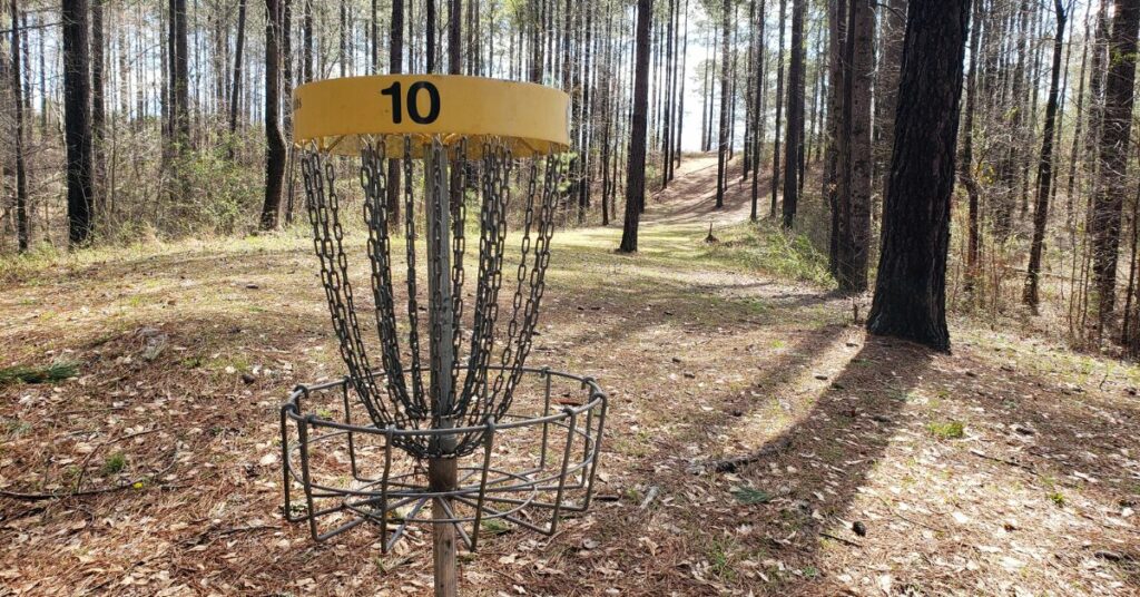 Disc golf basket in the woods at Indian Creek Park.