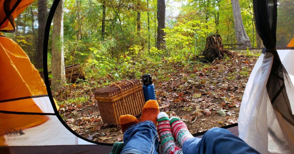 First-person view: relaxing in a tent at Hard Labor Creek State Park.