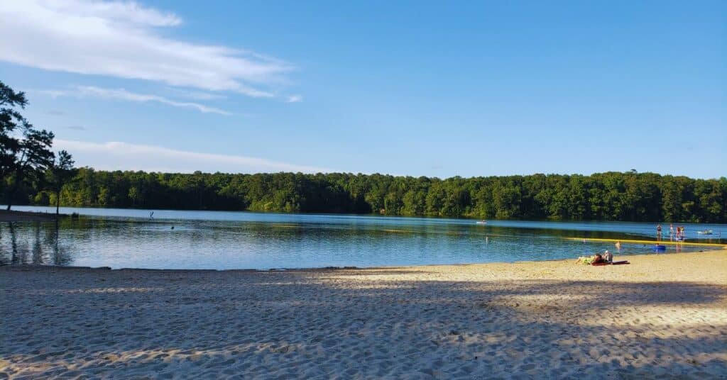 Sand beach at Lake Rutledge in Hard Labor Creek State Park.