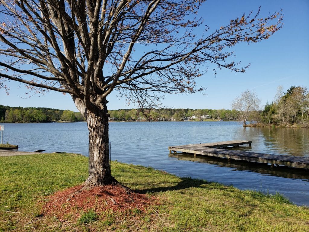 A view of Lake Oconee from Sugar Creek Marina which is one of the best stuff to do outdoors in Georgia.