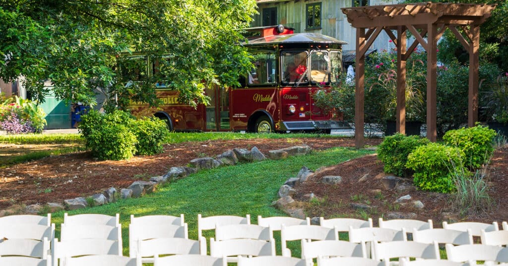 Madison Trolley driving by Variety Works wedding venue