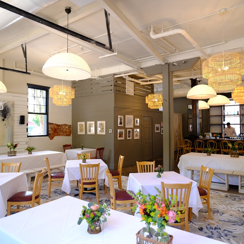 Dining room/event space at Buggy Works in Madison, Georgia.